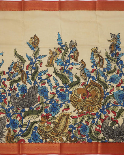 ساري كالامكاري حريري من بنغالور بلون كريمي عاجي مع تصميمات رائعة مرسومة يدويًا، عرض 110 سم، أصله: سري كالاهاستي، الهند، طوله 5.5 متر مع قطعة بلوزة - D22849