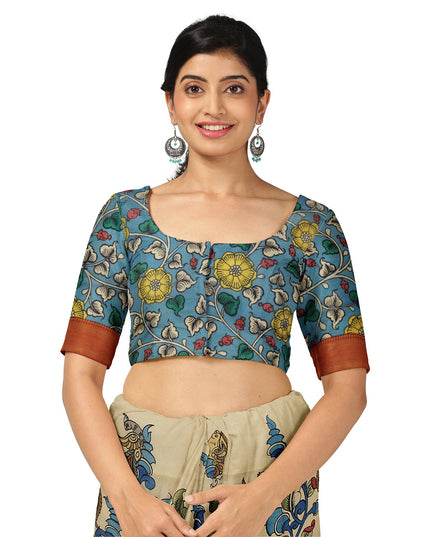 ساري كالامكاري حريري من بنغالور بلون كريمي عاجي مع تصميمات رائعة مرسومة يدويًا، عرض 110 سم، أصله: سري كالاهاستي، الهند، طوله 5.5 متر مع قطعة بلوزة - D22849