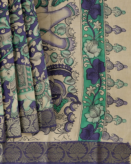 Antique Blue Tussar Silk Pen Kalamkari Saree with Handpainted Mythological Motifs, Width 110 Cms, Origin: Sri Kalahasthi, India, 5.5 Mtrs with Blouse Piece-D22850