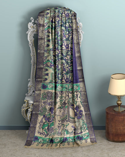 Antique Blue Tussar Silk Pen Kalamkari Saree with Handpainted Mythological Motifs, Width 110 Cms, Origin: Sri Kalahasthi, India, 5.5 Mtrs with Blouse Piece-D22850