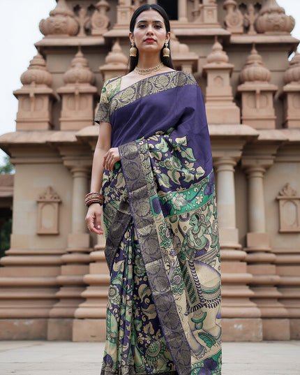 Antique Blue Tussar Silk Pen Kalamkari Saree with Handpainted Mythological Motifs, Width 110 Cms, Origin: Sri Kalahasthi, India, 5.5 Mtrs with Blouse Piece-D22850