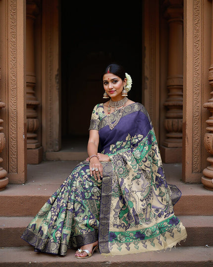 Antique Blue Tussar Silk Pen Kalamkari Saree with Handpainted Mythological Motifs, Width 110 Cms, Origin: Sri Kalahasthi, India, 5.5 Mtrs with Blouse Piece-D22850