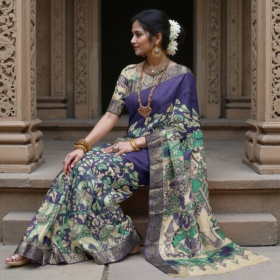 Antique Blue Tussar Silk Pen Kalamkari Saree with Handpainted Mythological Motifs, Width 110 Cms, Origin: Sri Kalahasthi, India, 5.5 Mtrs with Blouse Piece-D22850