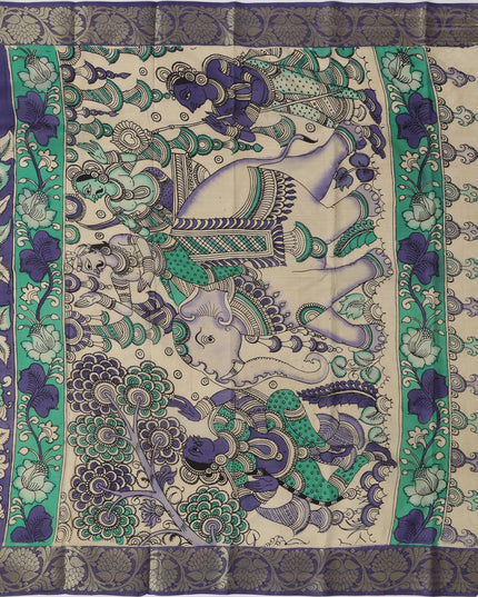 Antique Blue Tussar Silk Pen Kalamkari Saree with Handpainted Mythological Motifs, Width 110 Cms, Origin: Sri Kalahasthi, India, 5.5 Mtrs with Blouse Piece-D22850