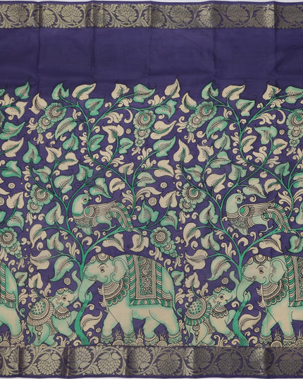 Antique Blue Tussar Silk Pen Kalamkari Saree with Handpainted Mythological Motifs, Width 110 Cms, Origin: Sri Kalahasthi, India, 5.5 Mtrs with Blouse Piece-D22850