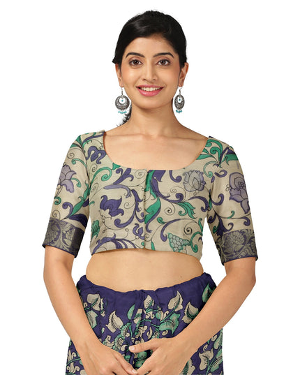 Antique Blue Tussar Silk Pen Kalamkari Saree with Handpainted Mythological Motifs, Width 110 Cms, Origin: Sri Kalahasthi, India, 5.5 Mtrs with Blouse Piece-D22850