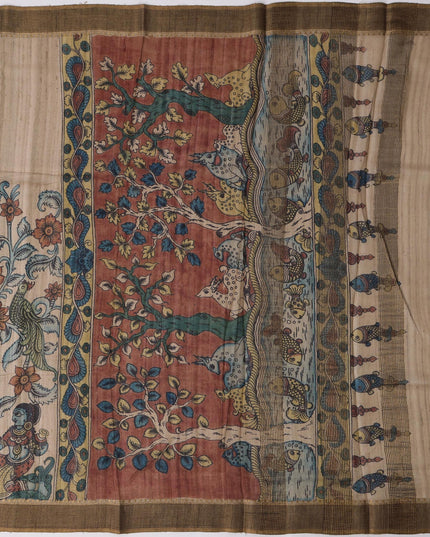 ساري كالامكاري من حرير توسار الطبيعي باللون البيج مع رسومات يدوية لمشاهد أسطورية، عرض 110 سم، أصله: سري كالاهاستي، الهند، طوله 5.5 متر مع بلوزة - D22851