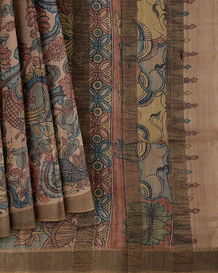 Pale Gold Tussar Silk Pen Kalamkari Saree with Handpainted Mythological Artwork, Width 110 Cms, Origin: Sri Kalahasthi, India, 5.5 Mtrs with Blouse Piece-D22852