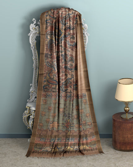 Pale Gold Tussar Silk Pen Kalamkari Saree with Handpainted Mythological Artwork, Width 110 Cms, Origin: Sri Kalahasthi, India, 5.5 Mtrs with Blouse Piece-D22852