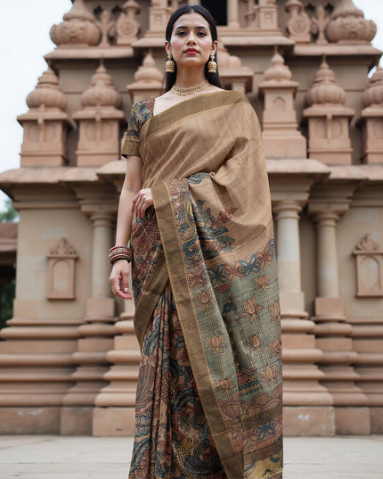 Pale Gold Tussar Silk Pen Kalamkari Saree with Handpainted Mythological Artwork, Width 110 Cms, Origin: Sri Kalahasthi, India, 5.5 Mtrs with Blouse Piece-D22852