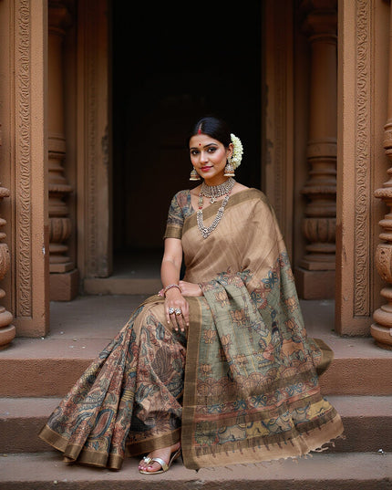 Pale Gold Tussar Silk Pen Kalamkari Saree with Handpainted Mythological Artwork, Width 110 Cms, Origin: Sri Kalahasthi, India, 5.5 Mtrs with Blouse Piece-D22852