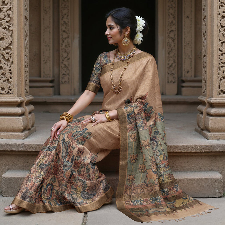 Pale Gold Tussar Silk Pen Kalamkari Saree with Handpainted Mythological Artwork, Width 110 Cms, Origin: Sri Kalahasthi, India, 5.5 Mtrs with Blouse Piece-D22852