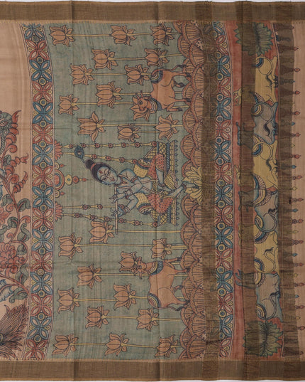 Pale Gold Tussar Silk Pen Kalamkari Saree with Handpainted Mythological Artwork, Width 110 Cms, Origin: Sri Kalahasthi, India, 5.5 Mtrs with Blouse Piece-D22852