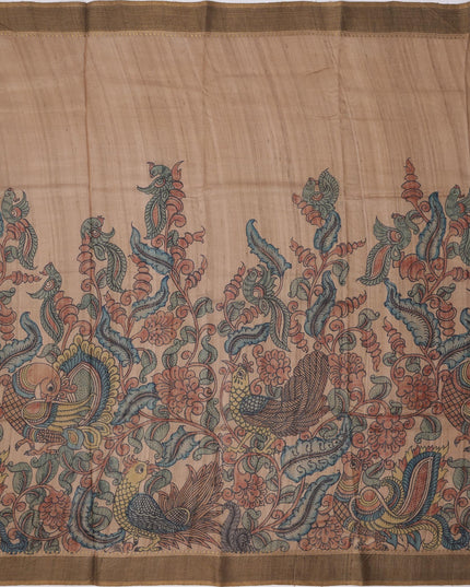 Pale Gold Tussar Silk Pen Kalamkari Saree with Handpainted Mythological Artwork, Width 110 Cms, Origin: Sri Kalahasthi, India, 5.5 Mtrs with Blouse Piece-D22852