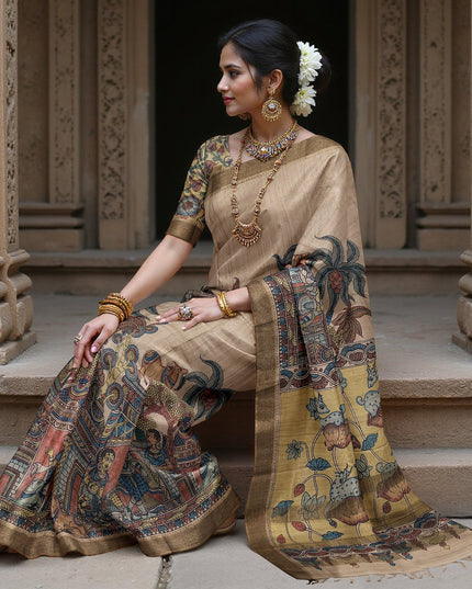 ساري كالامكاري حريري توسار بني ترابي مع زخارف أسطورية مرسومة يدويًا، عرض 110 سم، أصله: سري كالاهاستي، الهند، طوله 5.5 متر مع قطعة بلوزة - D22853