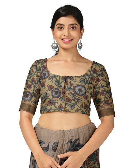 ساري كالامكاري حريري توسار بني ترابي مع زخارف أسطورية مرسومة يدويًا، عرض 110 سم، أصله: سري كالاهاستي، الهند، طوله 5.5 متر مع قطعة بلوزة - D22853