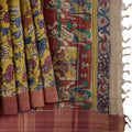Mustrad Yellow Tussar Silk Pen Kalamkari Saree with Handpainted Mythological Illustrations, Width 110 Cms, Origin: Sri Kalahasthi, India, 5.5 Mtrs with Blouse Piece-D22854