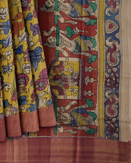 Mustrad Yellow Tussar Silk Pen Kalamkari Saree with Handpainted Mythological Illustrations, Width 110 Cms, Origin: Sri Kalahasthi, India, 5.5 Mtrs with Blouse Piece-D22854