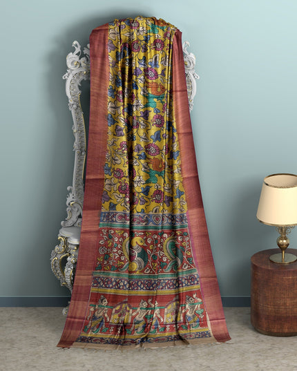 Mustrad Yellow Tussar Silk Pen Kalamkari Saree with Handpainted Mythological Illustrations, Width 110 Cms, Origin: Sri Kalahasthi, India, 5.5 Mtrs with Blouse Piece-D22854