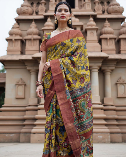 Mustrad Yellow Tussar Silk Pen Kalamkari Saree with Handpainted Mythological Illustrations, Width 110 Cms, Origin: Sri Kalahasthi, India, 5.5 Mtrs with Blouse Piece-D22854