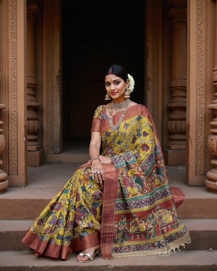 Mustrad Yellow Tussar Silk Pen Kalamkari Saree with Handpainted Mythological Illustrations, Width 110 Cms, Origin: Sri Kalahasthi, India, 5.5 Mtrs with Blouse Piece-D22854