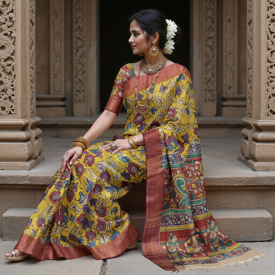 Mustrad Yellow Tussar Silk Pen Kalamkari Saree with Handpainted Mythological Illustrations, Width 110 Cms, Origin: Sri Kalahasthi, India, 5.5 Mtrs with Blouse Piece-D22854