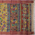 Mustrad Yellow Tussar Silk Pen Kalamkari Saree with Handpainted Mythological Illustrations, Width 110 Cms, Origin: Sri Kalahasthi, India, 5.5 Mtrs with Blouse Piece-D22854