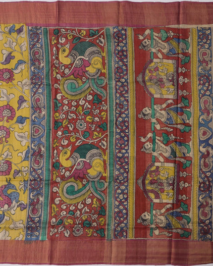 Mustrad Yellow Tussar Silk Pen Kalamkari Saree with Handpainted Mythological Illustrations, Width 110 Cms, Origin: Sri Kalahasthi, India, 5.5 Mtrs with Blouse Piece-D22854