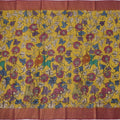 Mustrad Yellow Tussar Silk Pen Kalamkari Saree with Handpainted Mythological Illustrations, Width 110 Cms, Origin: Sri Kalahasthi, India, 5.5 Mtrs with Blouse Piece-D22854