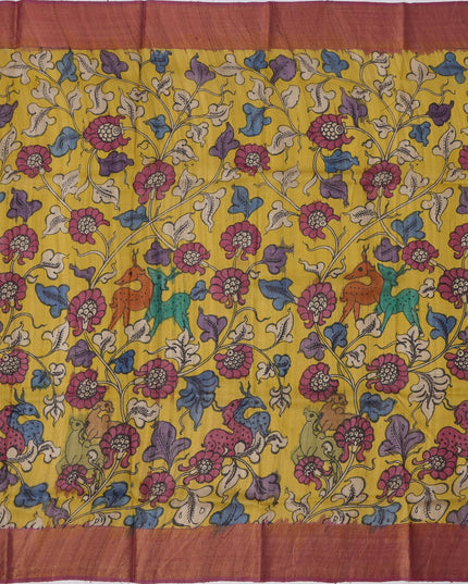Mustrad Yellow Tussar Silk Pen Kalamkari Saree with Handpainted Mythological Illustrations, Width 110 Cms, Origin: Sri Kalahasthi, India, 5.5 Mtrs with Blouse Piece-D22854