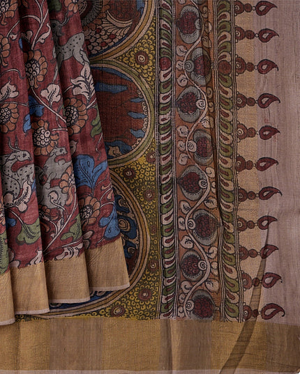 ساري كالامكاري حريري من داستي روز توسار، مزين برسومات أسطورية مرسومة يدويًا، عرض 110 سم، المنشأ: سري كالاهاستي، الهند، طوله 5.5 متر مع بلوزة - D22855