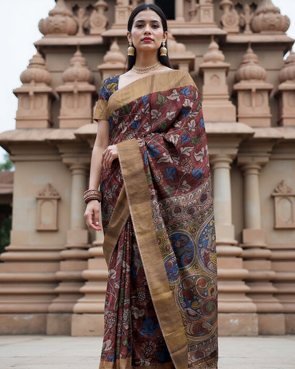 ساري كالامكاري حريري من داستي روز توسار، مزين برسومات أسطورية مرسومة يدويًا، عرض 110 سم، المنشأ: سري كالاهاستي، الهند، طوله 5.5 متر مع بلوزة - D22855