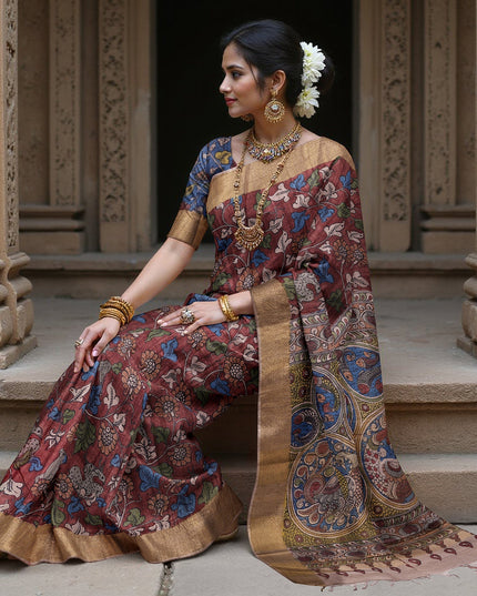 ساري كالامكاري حريري من داستي روز توسار، مزين برسومات أسطورية مرسومة يدويًا، عرض 110 سم، المنشأ: سري كالاهاستي، الهند، طوله 5.5 متر مع بلوزة - D22855