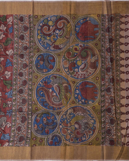ساري كالامكاري حريري من داستي روز توسار، مزين برسومات أسطورية مرسومة يدويًا، عرض 110 سم، المنشأ: سري كالاهاستي، الهند، طوله 5.5 متر مع بلوزة - D22855