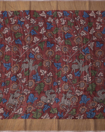 ساري كالامكاري حريري من داستي روز توسار، مزين برسومات أسطورية مرسومة يدويًا، عرض 110 سم، المنشأ: سري كالاهاستي، الهند، طوله 5.5 متر مع بلوزة - D22855