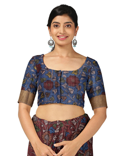 ساري كالامكاري حريري من داستي روز توسار، مزين برسومات أسطورية مرسومة يدويًا، عرض 110 سم، المنشأ: سري كالاهاستي، الهند، طوله 5.5 متر مع بلوزة - D22855