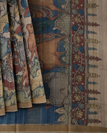 ساري كالامكاري حريري توسار بني زيتوني مع رسومات أسطورية مرسومة يدويًا، عرض 110 سم، أصله: سري كالاهاستي، الهند، طوله 5.5 متر مع قطعة بلوزة - D22856