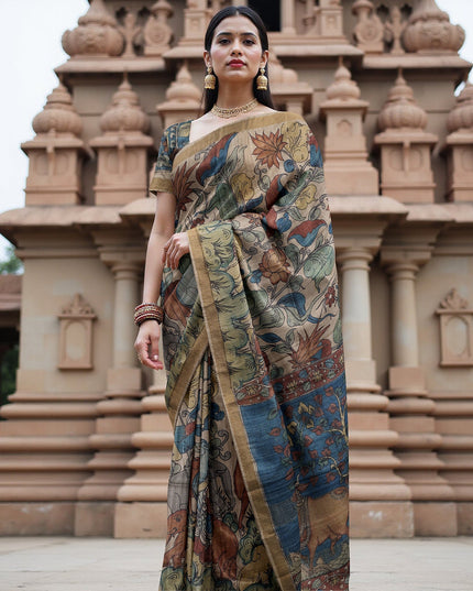 ساري كالامكاري حريري توسار بني زيتوني مع رسومات أسطورية مرسومة يدويًا، عرض 110 سم، أصله: سري كالاهاستي، الهند، طوله 5.5 متر مع قطعة بلوزة - D22856