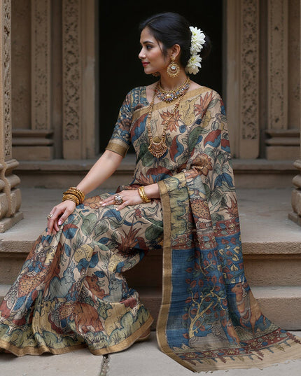 ساري كالامكاري حريري توسار بني زيتوني مع رسومات أسطورية مرسومة يدويًا، عرض 110 سم، أصله: سري كالاهاستي، الهند، طوله 5.5 متر مع قطعة بلوزة - D22856