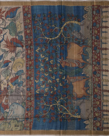 ساري كالامكاري حريري توسار بني زيتوني مع رسومات أسطورية مرسومة يدويًا، عرض 110 سم، أصله: سري كالاهاستي، الهند، طوله 5.5 متر مع قطعة بلوزة - D22856