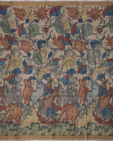 ساري كالامكاري حريري توسار بني زيتوني مع رسومات أسطورية مرسومة يدويًا، عرض 110 سم، أصله: سري كالاهاستي، الهند، طوله 5.5 متر مع قطعة بلوزة - D22856