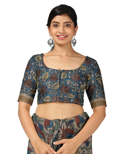 ساري كالامكاري حريري توسار بني زيتوني مع رسومات أسطورية مرسومة يدويًا، عرض 110 سم، أصله: سري كالاهاستي، الهند، طوله 5.5 متر مع قطعة بلوزة - D22856