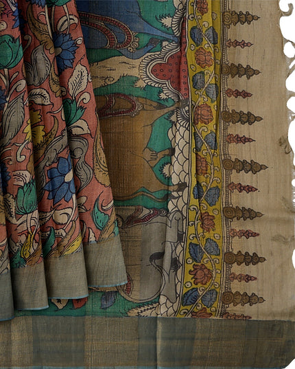 Burnt Sienna Tussar Silk Pen Kalamkari Saree with Handpainted Mythological Motifs, Width 110 Cms, Origin: Sri Kalahasthi, India, 5.5 Mtrs with Blouse Piece-D22857
