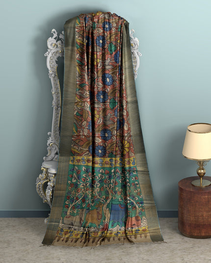 Burnt Sienna Tussar Silk Pen Kalamkari Saree with Handpainted Mythological Motifs, Width 110 Cms, Origin: Sri Kalahasthi, India, 5.5 Mtrs with Blouse Piece-D22857
