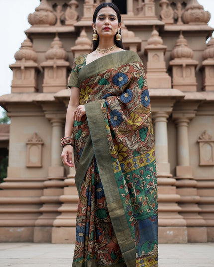 Burnt Sienna Tussar Silk Pen Kalamkari Saree with Handpainted Mythological Motifs, Width 110 Cms, Origin: Sri Kalahasthi, India, 5.5 Mtrs with Blouse Piece-D22857