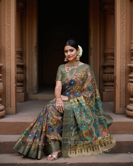 Burnt Sienna Tussar Silk Pen Kalamkari Saree with Handpainted Mythological Motifs, Width 110 Cms, Origin: Sri Kalahasthi, India, 5.5 Mtrs with Blouse Piece-D22857