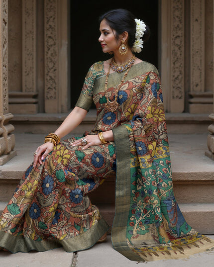 Burnt Sienna Tussar Silk Pen Kalamkari Saree with Handpainted Mythological Motifs, Width 110 Cms, Origin: Sri Kalahasthi, India, 5.5 Mtrs with Blouse Piece-D22857