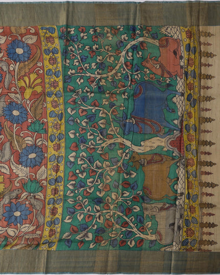 Burnt Sienna Tussar Silk Pen Kalamkari Saree with Handpainted Mythological Motifs, Width 110 Cms, Origin: Sri Kalahasthi, India, 5.5 Mtrs with Blouse Piece-D22857