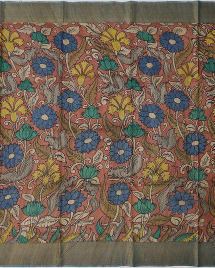 Burnt Sienna Tussar Silk Pen Kalamkari Saree with Handpainted Mythological Motifs, Width 110 Cms, Origin: Sri Kalahasthi, India, 5.5 Mtrs with Blouse Piece-D22857