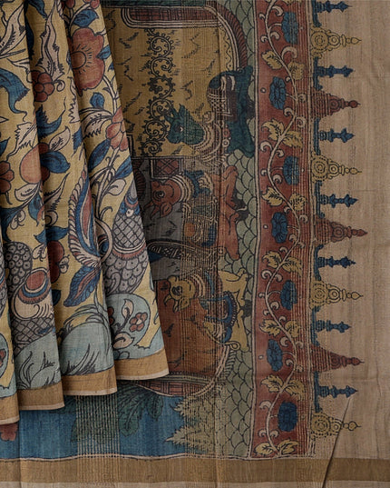 Terracotta Tussar Silk Pen Kalamkari Saree with Handpainted Mythological Art, Width 110 Cms, Origin: Sri Kalahasthi, India, 5.5 Mtrs with Blouse Piece-D22858